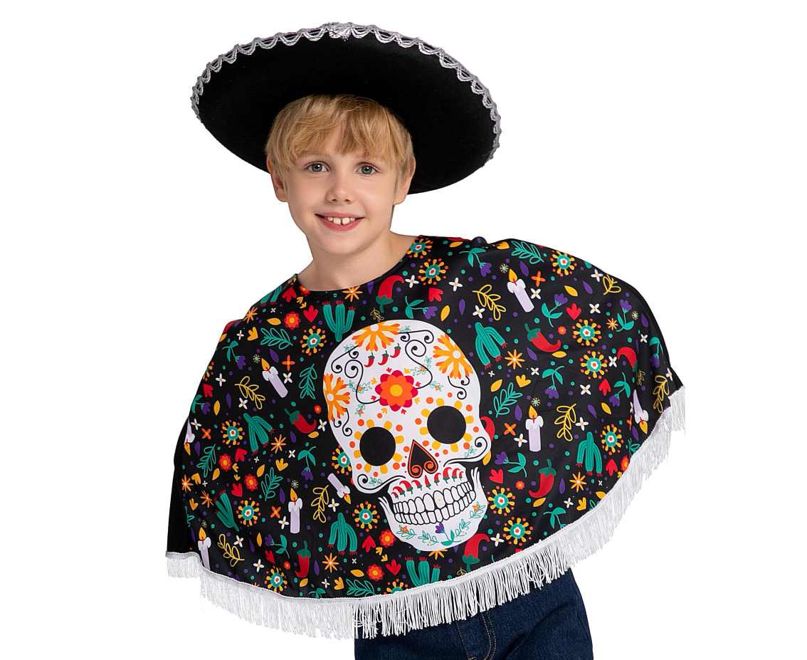 Role play set for kids Dia de los Muertos (poncho, hat), size 130/140 cm